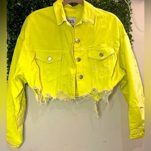 Zara distressed cropped neon green yellow denim jacket size S